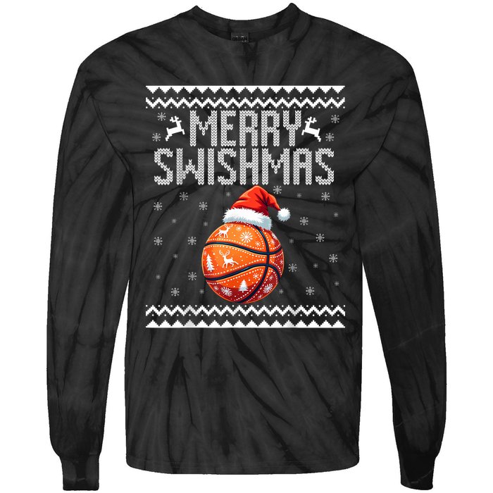 Merry Swishmas Christmas Basketball Ugly Sweater Tie-Dye Long Sleeve Shirt