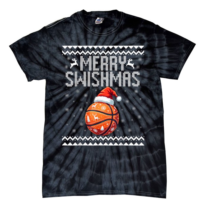 Merry Swishmas Christmas Basketball Ugly Sweater Tie-Dye T-Shirt