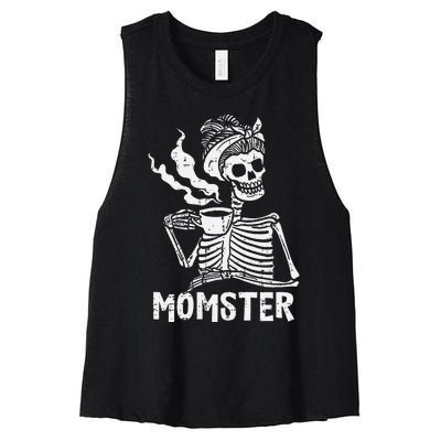 Momster Skeleton Coffee Funny Halloween Mom Mama Women's Racerback Cropped Tank