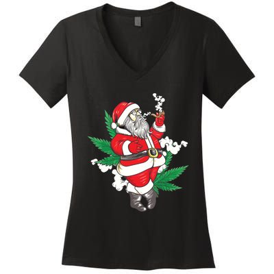 Marijuana Santa Claus Cannabis Weed 420 Christmas Gift Women's V-Neck T-Shirt