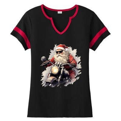 Motorcycling Santa Claus Christmas Is Coming Gift Ladies Halftime Notch Neck Tee