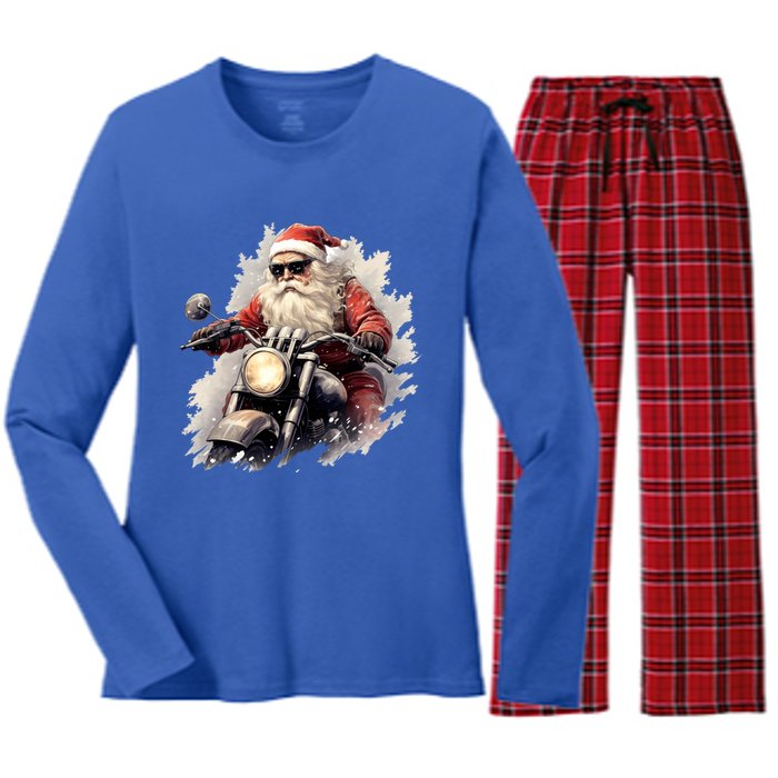 Motorcycling Santa Claus Christmas Is Coming Gift Women's Long Sleeve Flannel Pajama Set 