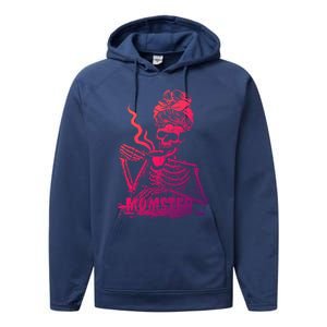 Momster Skeleton Coffee Funny Halloween Mom Mama Gift Performance Fleece Hoodie