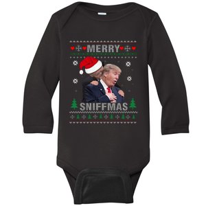 Merry Sniffmas Christmas Anti Biden Ugly Christmas Sweater Baby Long Sleeve Bodysuit