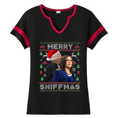 Merry Sniffmas Christmas Anti Biden Kamala Ugly Xmas Sweater Ladies Halftime Notch Neck Tee