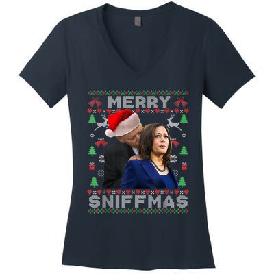 Merry Sniffmas Christmas Anti Biden Kamala Ugly Xmas Sweater Women's V-Neck T-Shirt