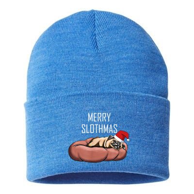 Merry Slothmas Christmas Sloth Pajamas Santa Hat Xmas Sloth Meaningful Gift Sustainable Knit Beanie