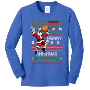 Merry Swishmas Christmas Santa Claus Dunking A Basketball Cute Gift Kids Long Sleeve Shirt