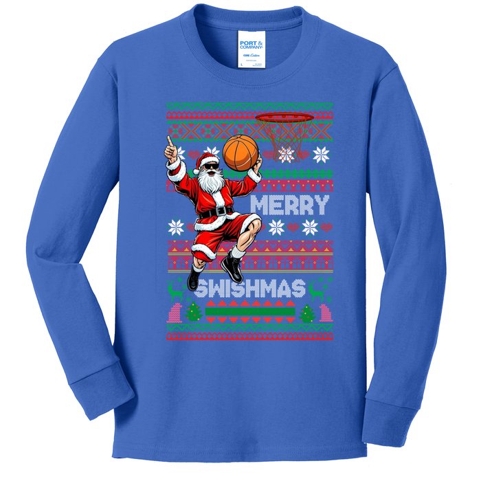 Merry Swishmas Christmas Santa Claus Dunking A Basketball Cute Gift Kids Long Sleeve Shirt