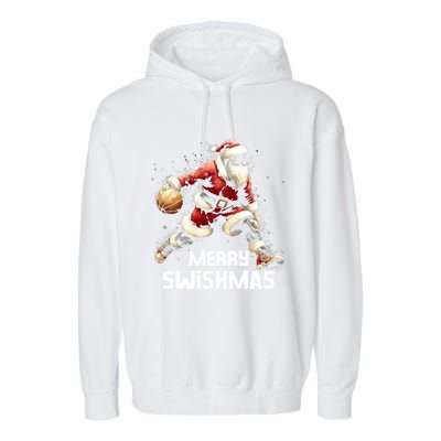 Merry Swishmas Christmas Funny Santa Basketball Player Xmas Gift Garment-Dyed Fleece Hoodie