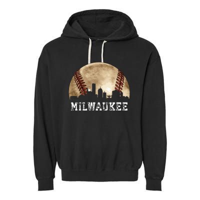 Milwaukee Skyline City Vintage Baseball Lover Garment-Dyed Fleece Hoodie