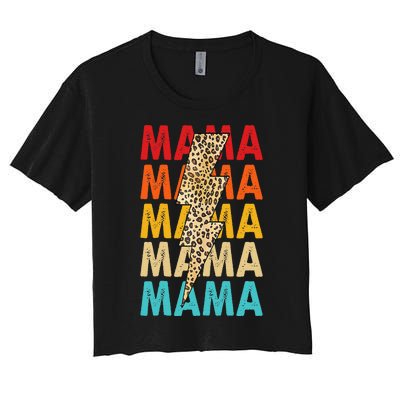 Mama Stacked Distressed Cheetah Leopard Lightning Bolt Mom Women's Crop Top Tee