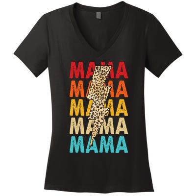 Mama Stacked Distressed Cheetah Leopard Lightning Bolt Mom Women's V-Neck T-Shirt