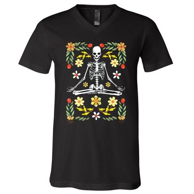 Meditating Skeleton Dia De Los Muertos Mexican Day Of Dead V-Neck T-Shirt