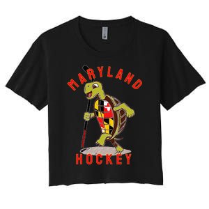 Maryland State Flag Turtle Hockey Baltimore Sports Women's Crop Top Tee