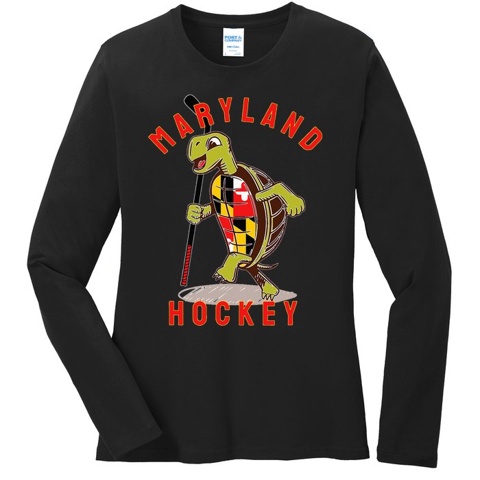 Maryland State Flag Turtle Hockey Baltimore Sports Ladies Long Sleeve Shirt