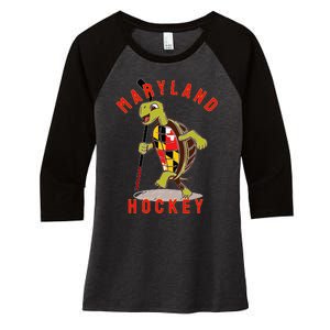 Maryland State Flag Turtle Hockey Baltimore Sports Women's Tri-Blend 3/4-Sleeve Raglan Shirt