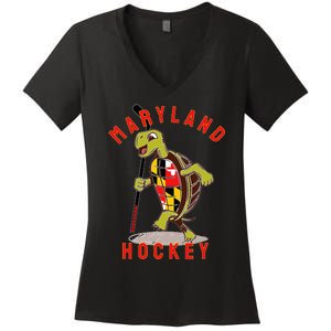 Maryland State Flag Turtle Hockey Baltimore Sports Women's V-Neck T-Shirt