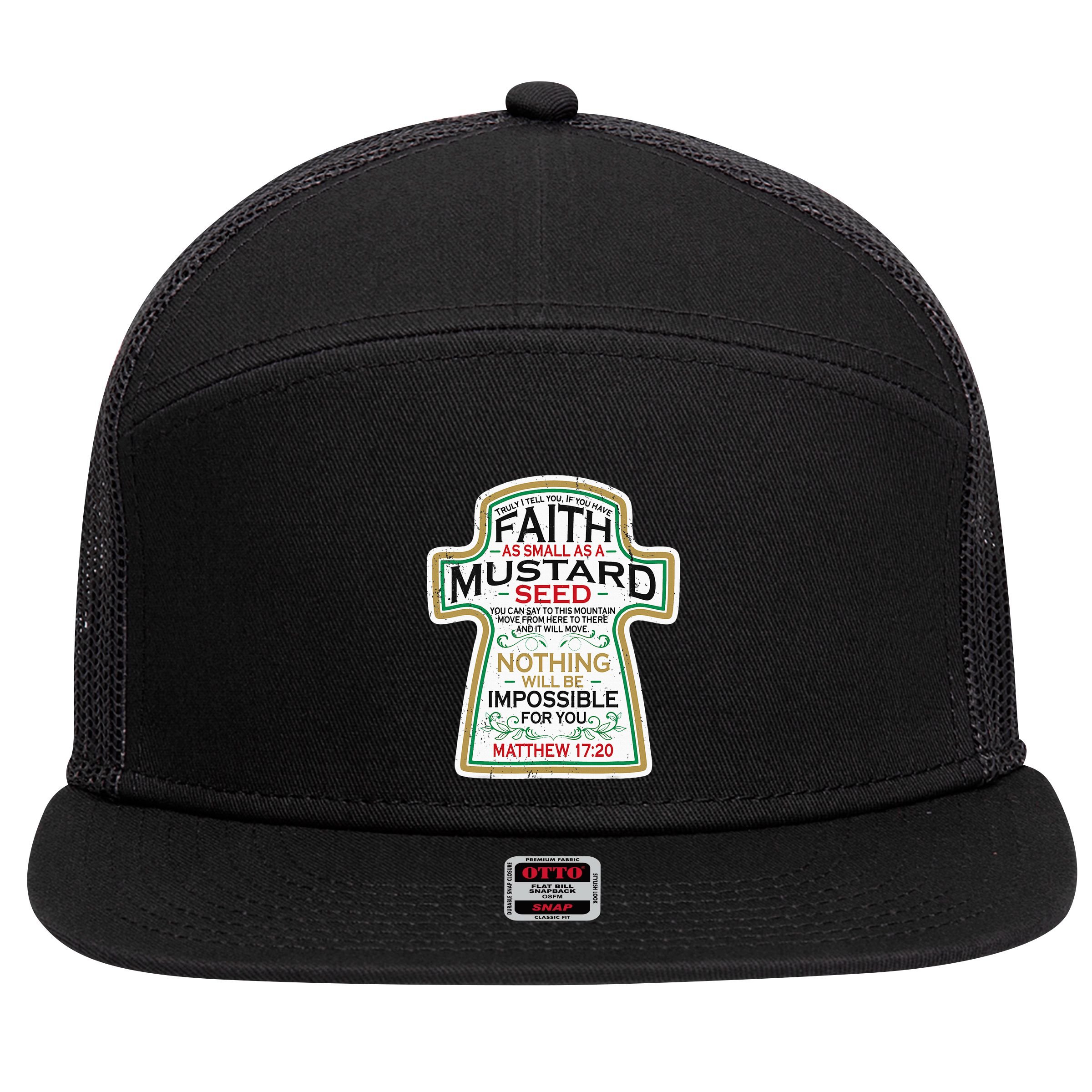 Mustard Seed Faith Christian Gifts Mathew 17 20 Scripture 7 Panel Mesh Trucker Snapback Hat