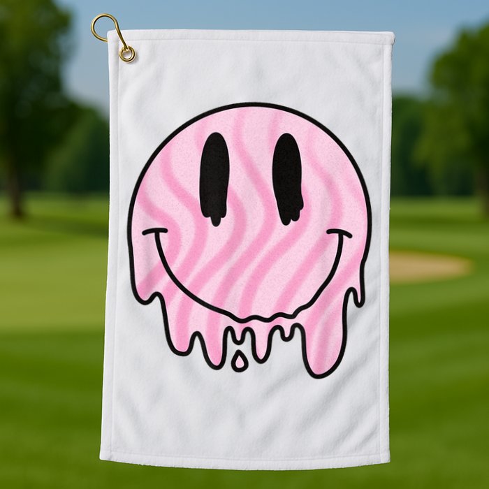Melted Smiley Face Retro 80s Dripping Melting Happy Smile Golf Towel