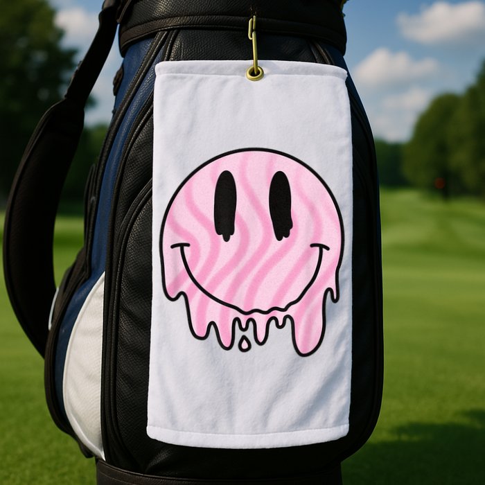 Melted Smiley Face Retro 80s Dripping Melting Happy Smile Golf Towel