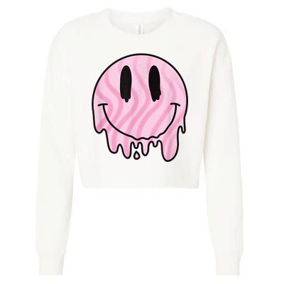 Melted Smiley Face Retro 80s Dripping Melting Happy Smile Cropped Pullover Crew