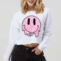 Melted Smiley Face Retro 80s Dripping Melting Happy Smile Cropped Pullover Crew