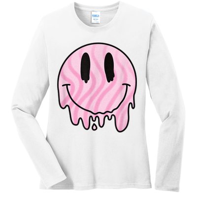 Melted Smiley Face Retro 80s Dripping Melting Happy Smile Ladies Long Sleeve Shirt