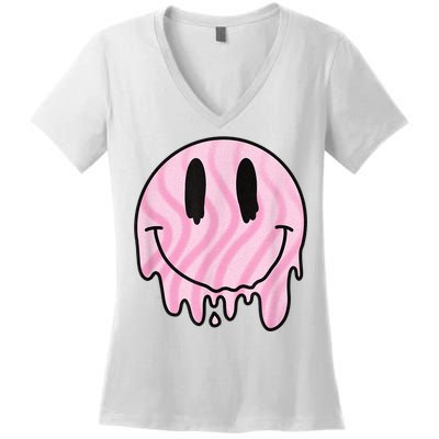 Melted Smiley Face Retro 80s Dripping Melting Happy Smile Women's V-Neck T-Shirt