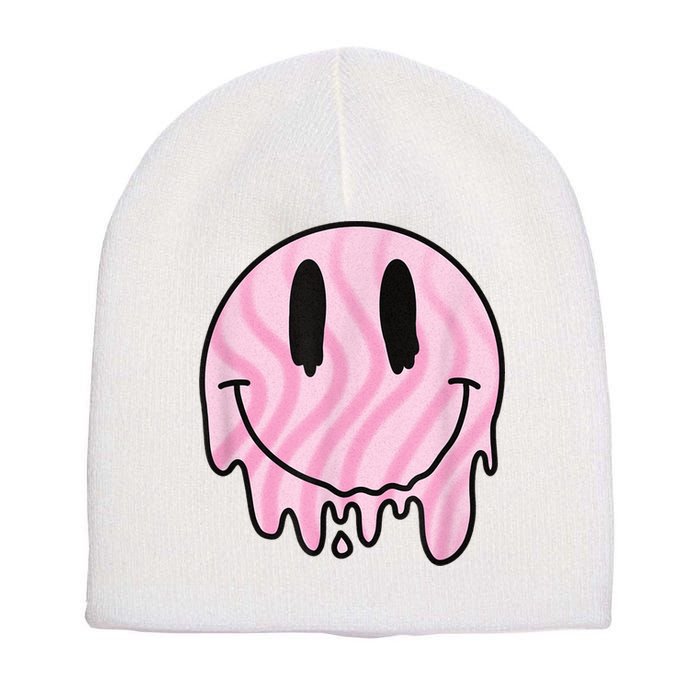 Melted Smiley Face Retro 80s Dripping Melting Happy Smile Short Acrylic Beanie