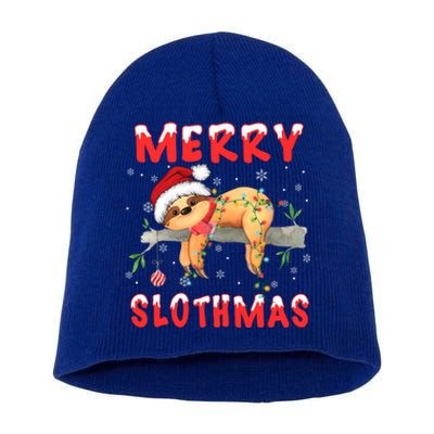 Merry Slothmas Funny Gift Merry Christmas Pajama Sloth Santa Hat Gift Short Acrylic Beanie