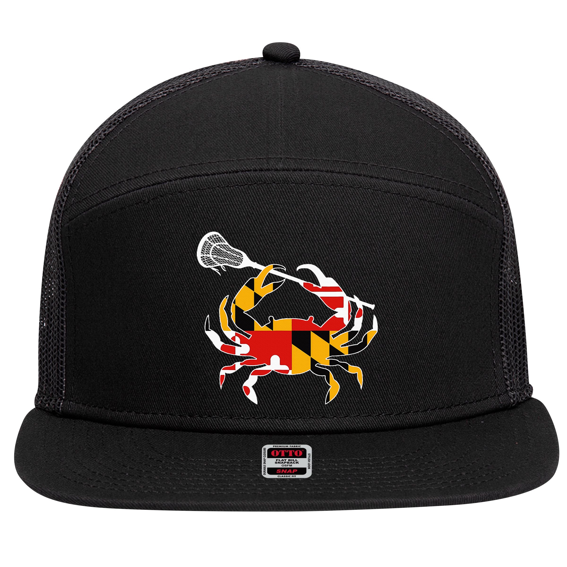 Maryland State Flag Crab Lacrosse Complete Stick 7 Panel Mesh Trucker Snapback Hat