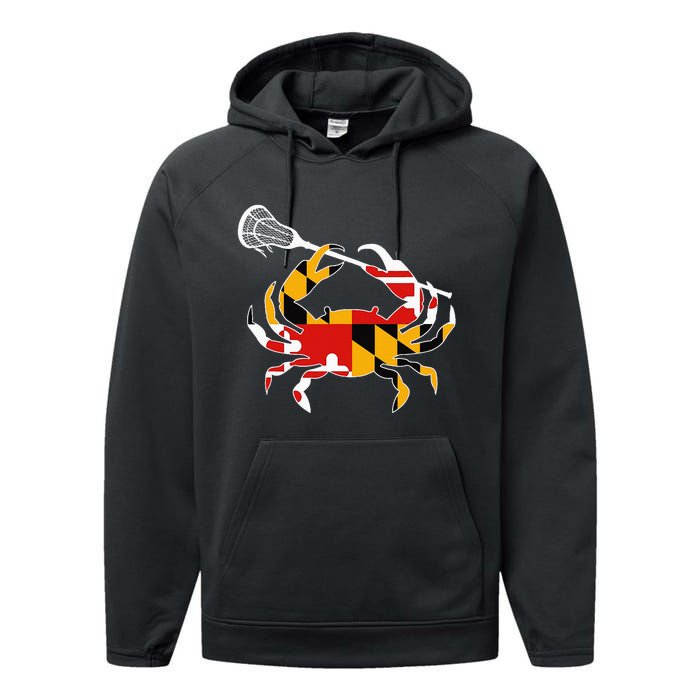 Maryland State Flag Crab Lacrosse Complete Stick Performance Fleece Hoodie