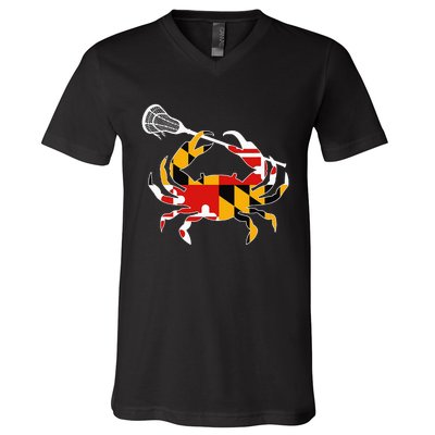 Maryland State Flag Crab Lacrosse Complete Stick V-Neck T-Shirt