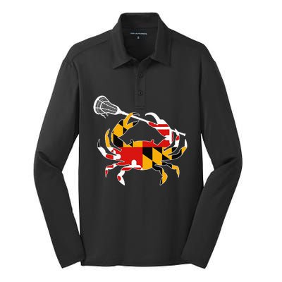 Maryland State Flag Crab Lacrosse Complete Stick Silk Touch Performance Long Sleeve Polo