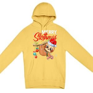 Merry Slothmas Funny Christmas Lights Pajama For Sloth Lover Gift Premium Pullover Hoodie