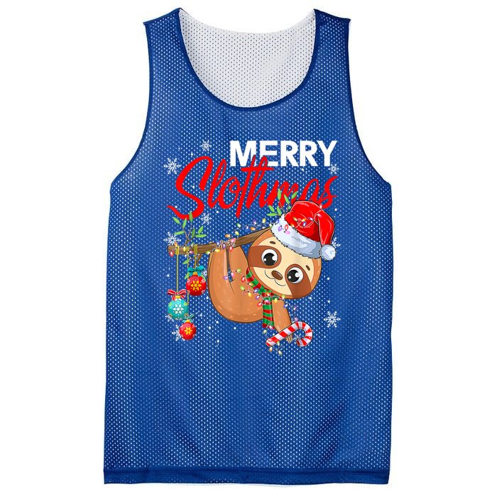 Merry Slothmas Funny Christmas Lights Pajama For Sloth Lover Gift Mesh Reversible Basketball Jersey Tank