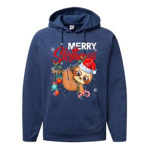 Merry Slothmas Funny Christmas Lights Pajama For Sloth Lover Gift Performance Fleece Hoodie