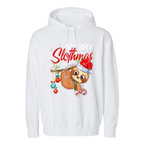 Merry Slothmas Funny Christmas Lights Pajama For Sloth Lover Gift Garment-Dyed Fleece Hoodie