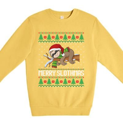 Merry Slothmas Funny Sloth Christmas Trees Ugly Xmas Sweater Gift Premium Crewneck Sweatshirt