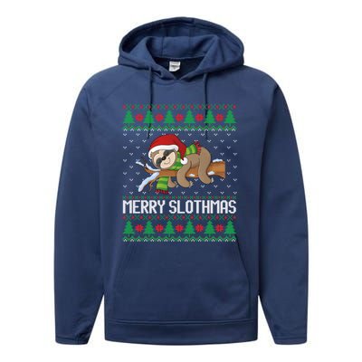 Merry Slothmas Funny Sloth Christmas Trees Ugly Xmas Sweater Gift Performance Fleece Hoodie