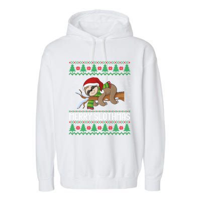 Merry Slothmas Funny Sloth Christmas Trees Ugly Xmas Sweater Gift Garment-Dyed Fleece Hoodie