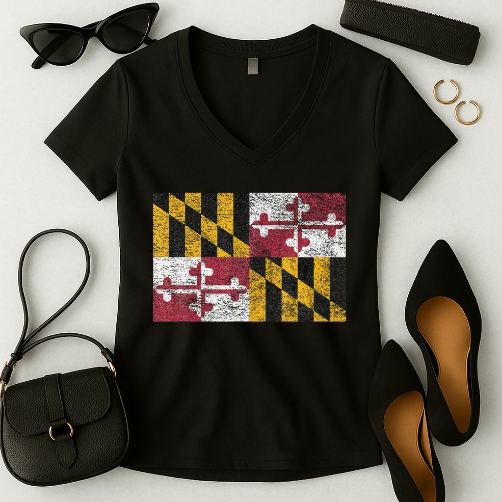 MARYLAND STATE FLAG ANNAPOLIS BALTIMORE CHESAPEAKE BAY Women's V-Neck T-Shirt