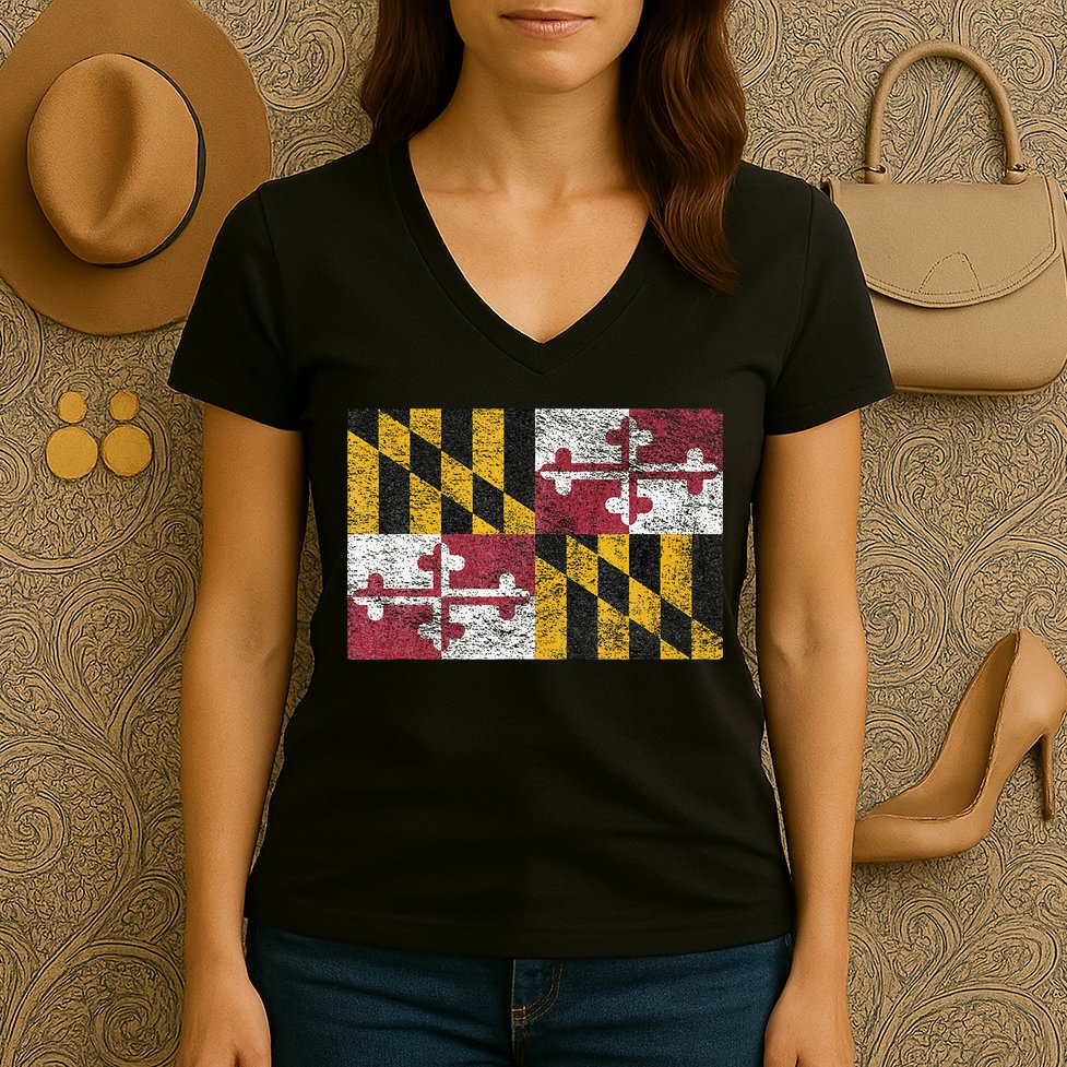 MARYLAND STATE FLAG ANNAPOLIS BALTIMORE CHESAPEAKE BAY Women's V-Neck T-Shirt