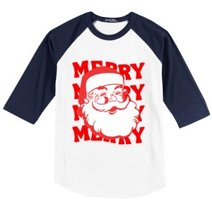 Merry Santa Face Retro Groovy Christmas Gift Baseball Sleeve Shirt