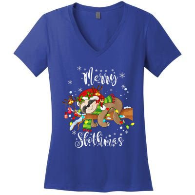 Merry Slothmas Funny Xmas Christmas Pajamas For Sloth Lovers Gift Women's V-Neck T-Shirt