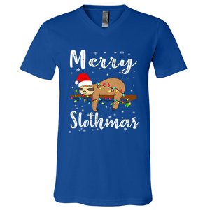 Merry Slothmas Funny Christmas Lights Pajama For Sloth Lover Gift V-Neck T-Shirt