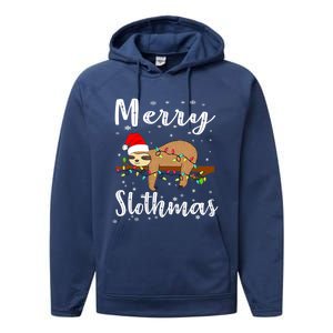 Merry Slothmas Funny Christmas Lights Pajama For Sloth Lover Gift Performance Fleece Hoodie