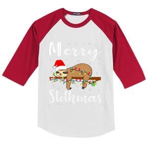 Merry Slothmas Funny Christmas Lights Pajama For Sloth Lover Gift Kids Colorblock Raglan Jersey