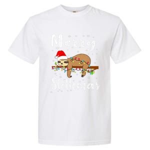 Merry Slothmas Funny Christmas Lights Pajama For Sloth Lover Gift Garment-Dyed Heavyweight T-Shirt